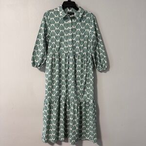 Rachel Zoe Green Cream Shell Print Tiered Midi Dress Womens Small Cotton Blend